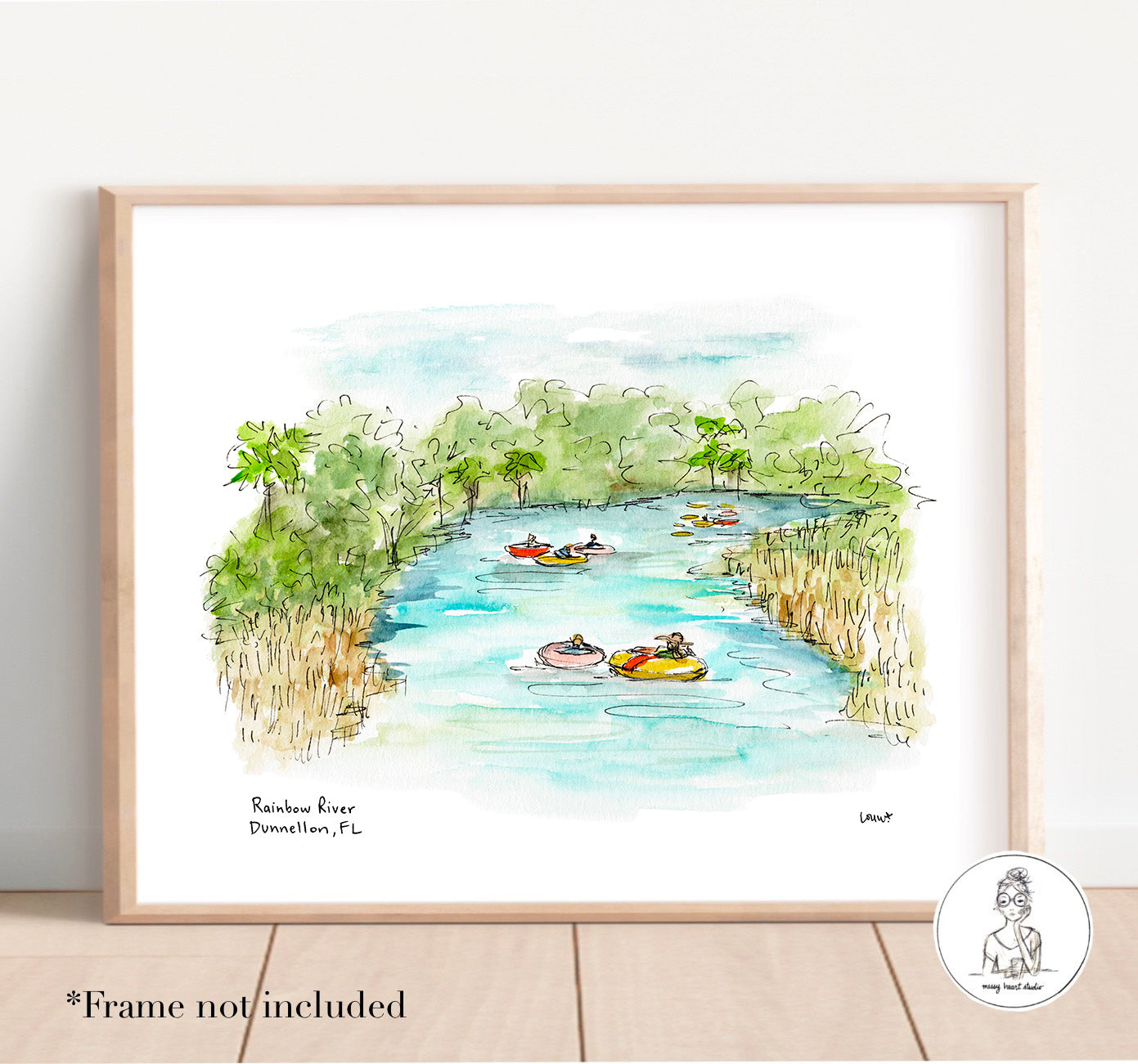 Dunnellon, FL - Rainbow River Tubing. Watercolor and Ink Print