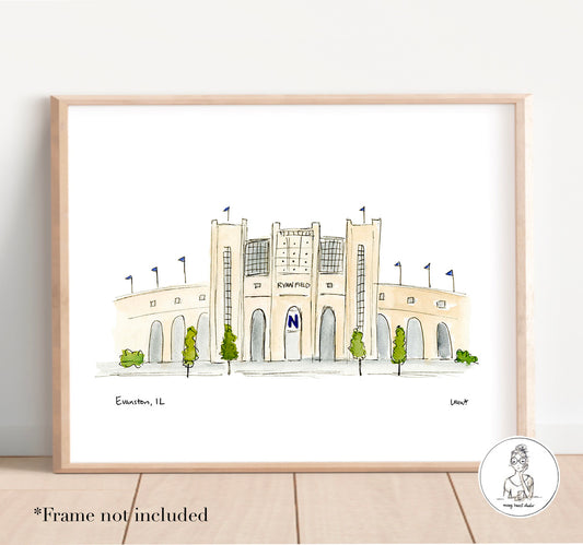 Evanston, IL - College Stadium Art. Watercolor and Ink Print