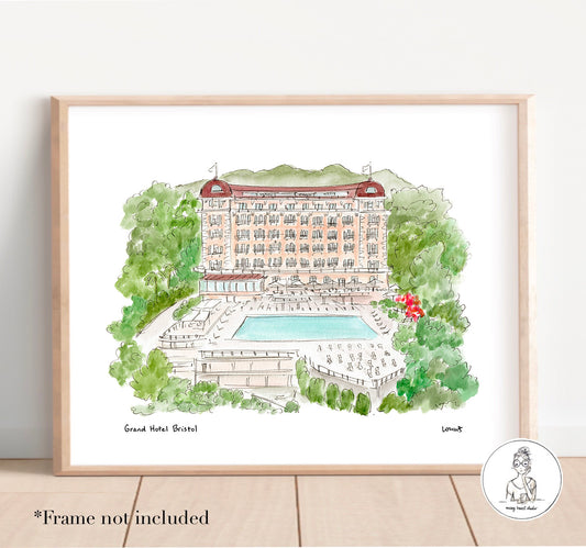 Rapallo, Italy - Grand Hotel Bristol. Watercolor and Ink Print