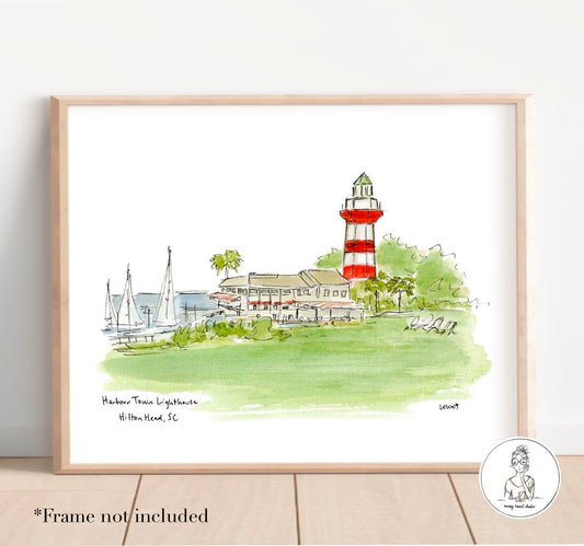 Hilton Head, SC - Harbour Town Lighthouse. Watercolor and Ink Print