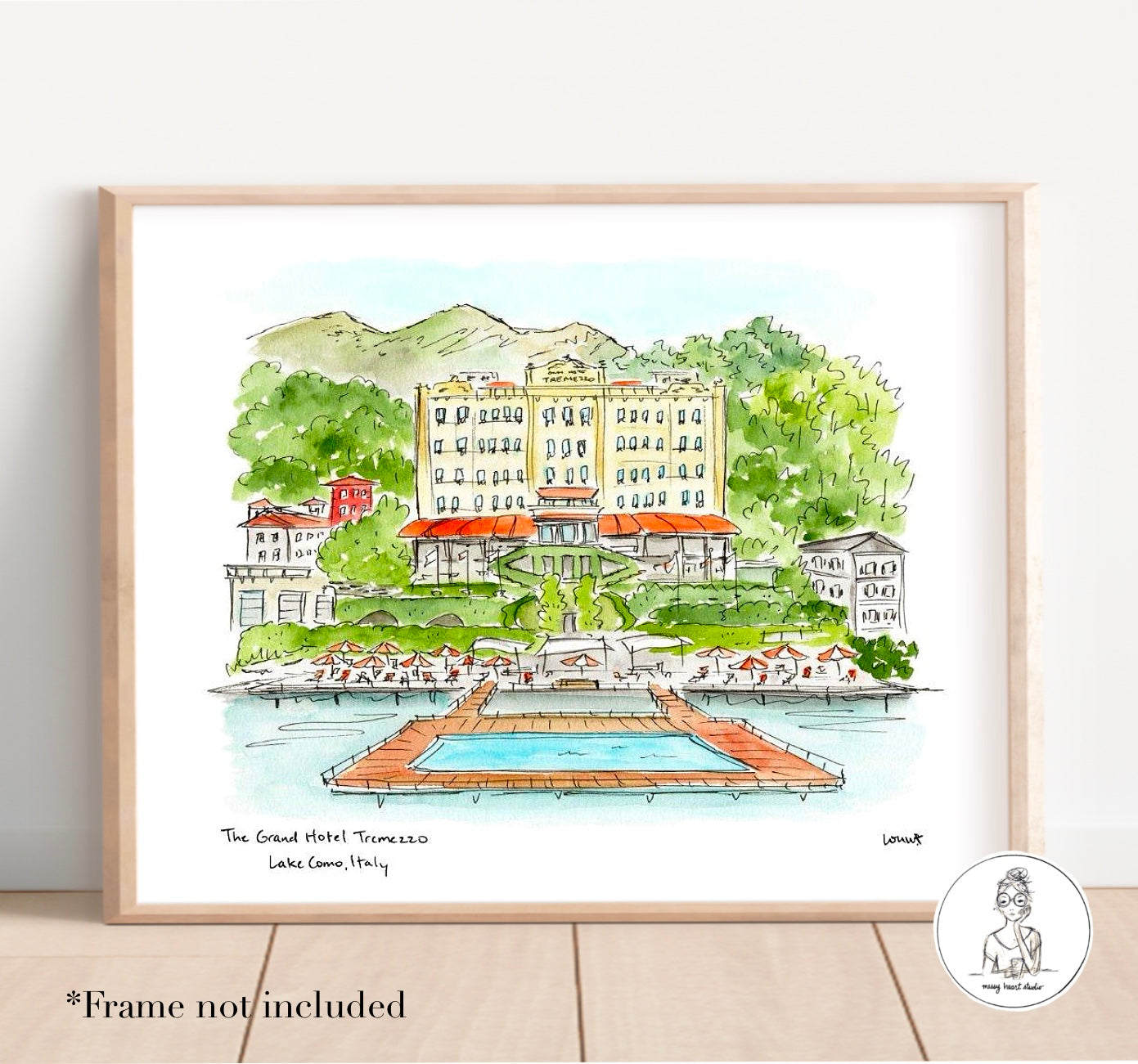 Lake Como, Italy - Grand Hotel Tremezzo. Watercolor and Ink Print