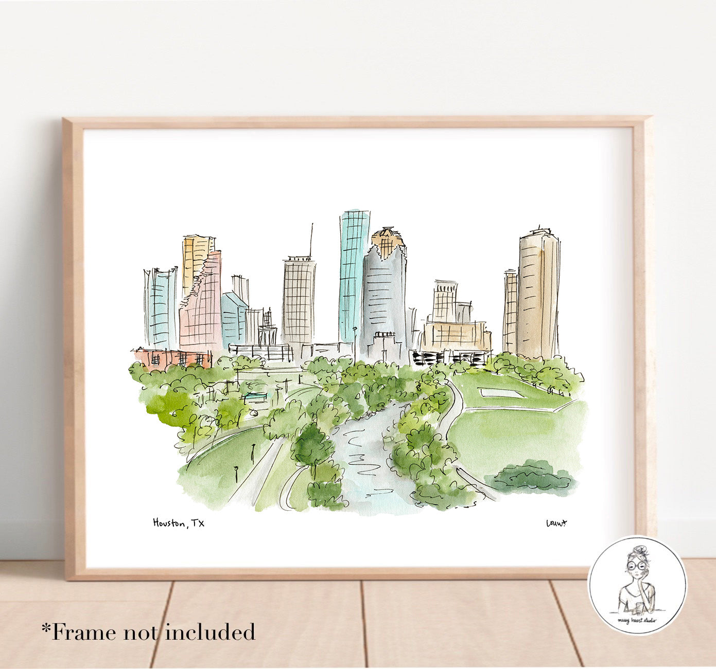 Houston, TX - Skyline. Watercolor and Ink Print