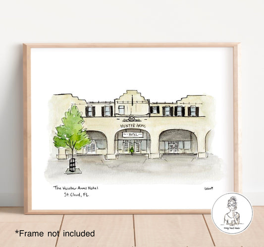 St. Cloud, FL - Hunter Arms Hotel. Watercolor and Ink Print