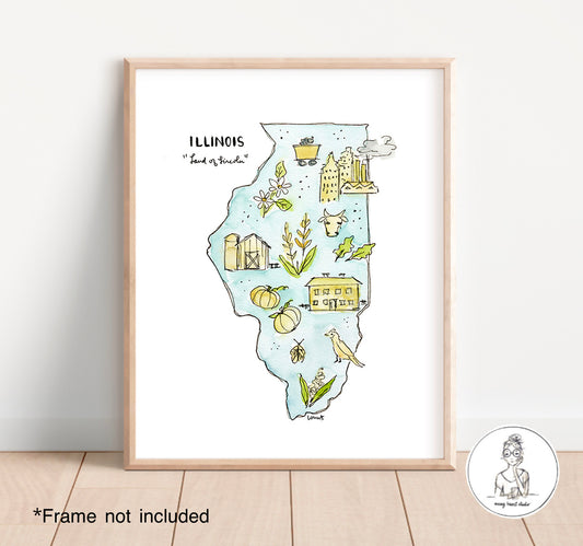 Illinois State Map. Watercolor and Ink Print