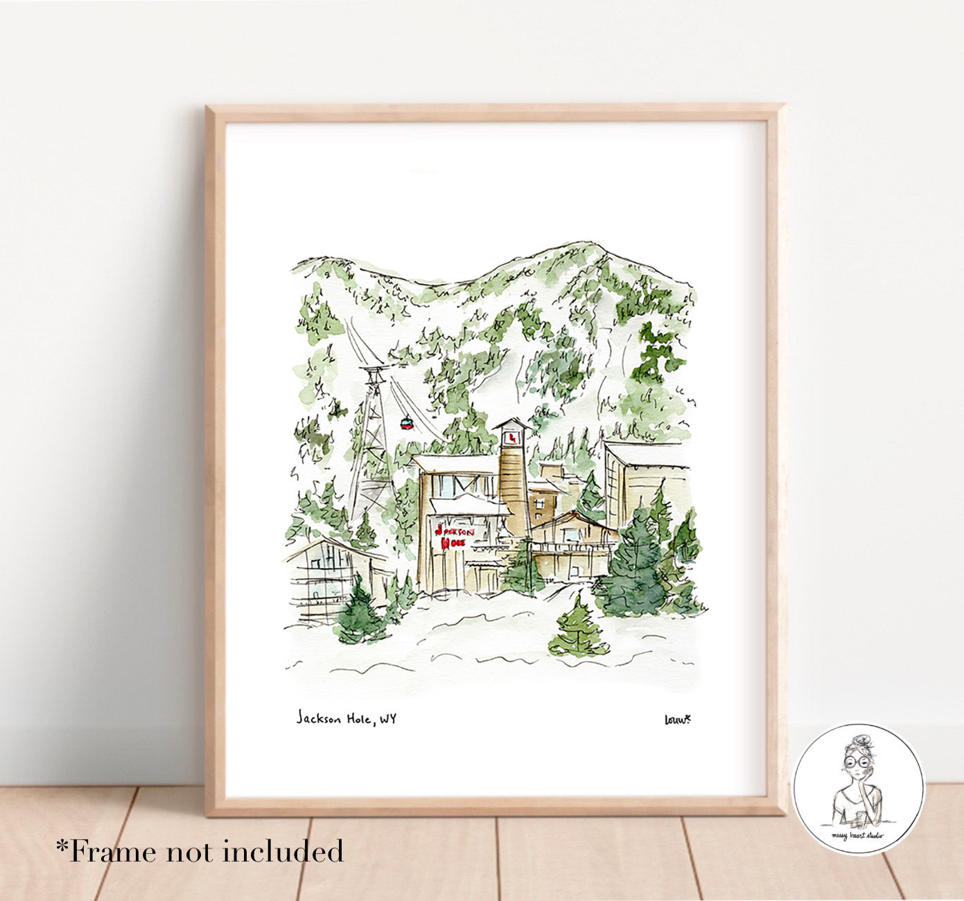 Jackson Hole, WY - Skiing. Watercolor and Ink Print