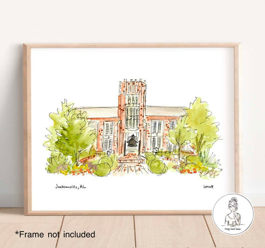 Jacksonville, AL - Campus Art. Watercolor and Ink Print