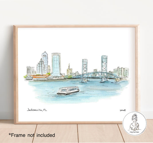 Jacksonville, FL - Skyline. Watercolor and Ink Print
