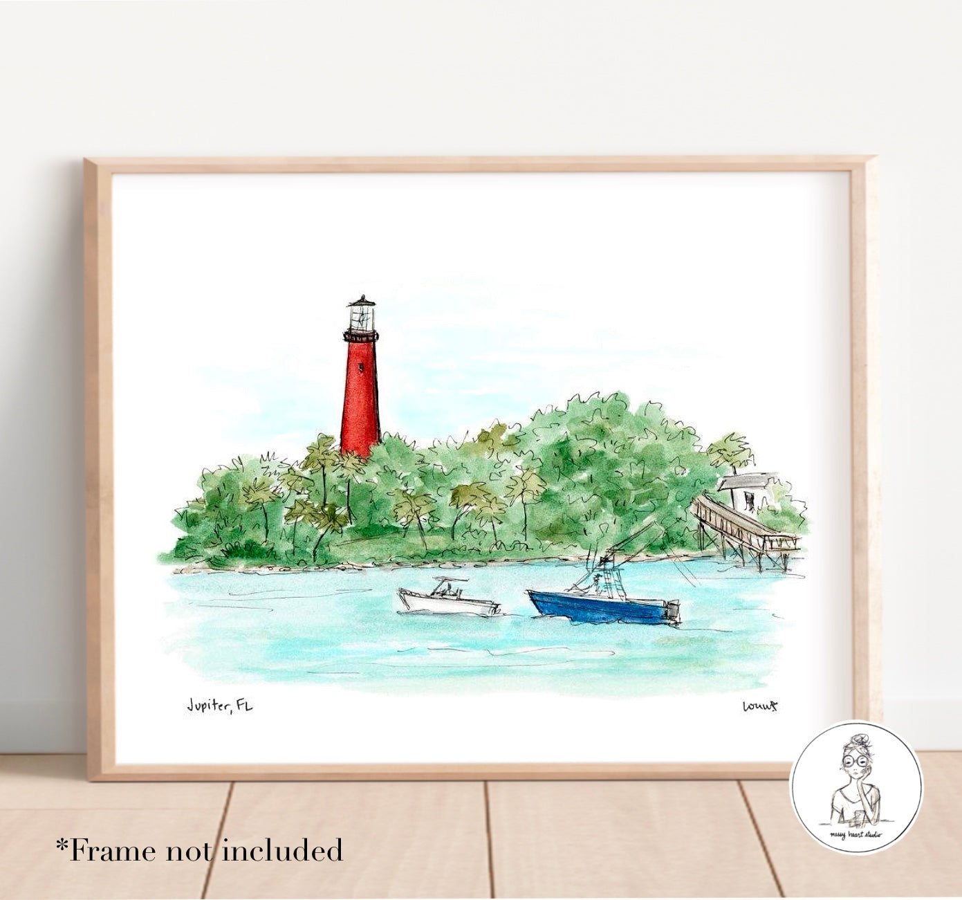 Jupiter, FL - Jupiter Inlet & Lighthouse. Watercolor and Ink Print