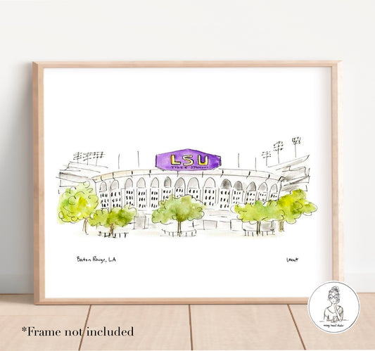 Baton Rouge, LA - Stadium Art. Watercolor and Ink Print