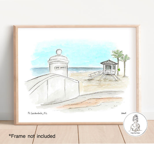 Fort Lauderdale, FL - Las Olas Beach. Watercolor and Ink Print
