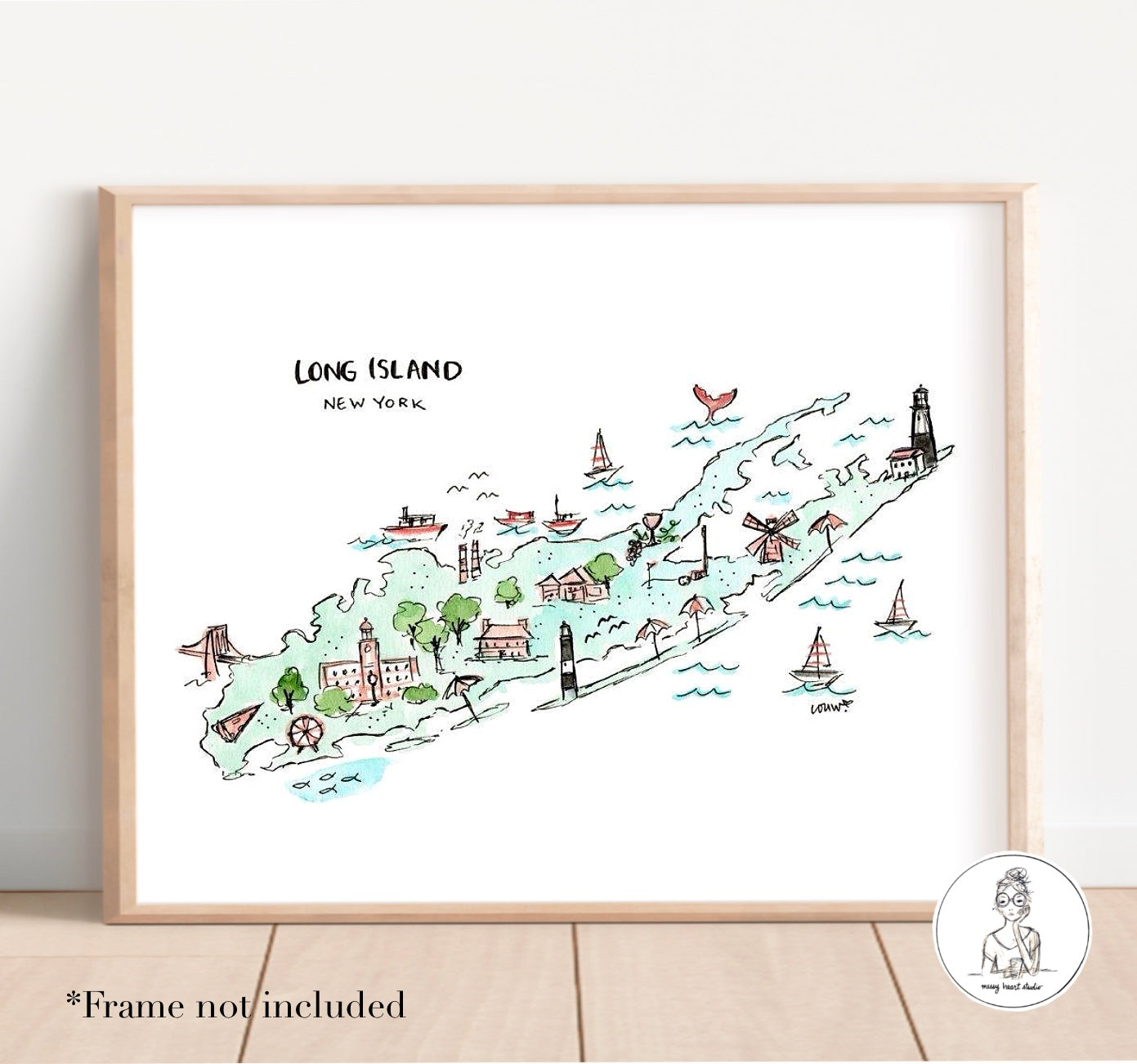 Long Island, New York Map. Watercolor and Ink Print