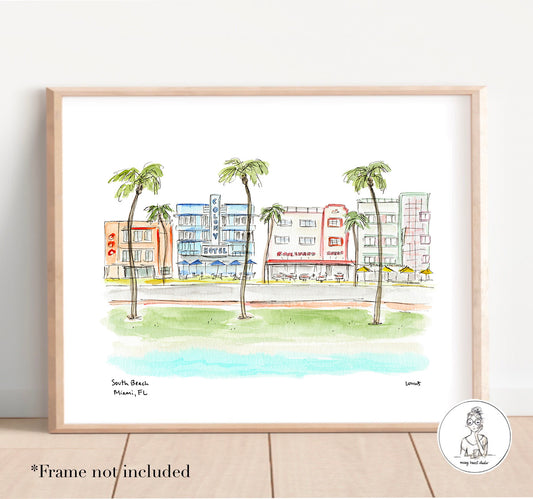 Miami, FL - South Beach. Watercolor and Ink Print