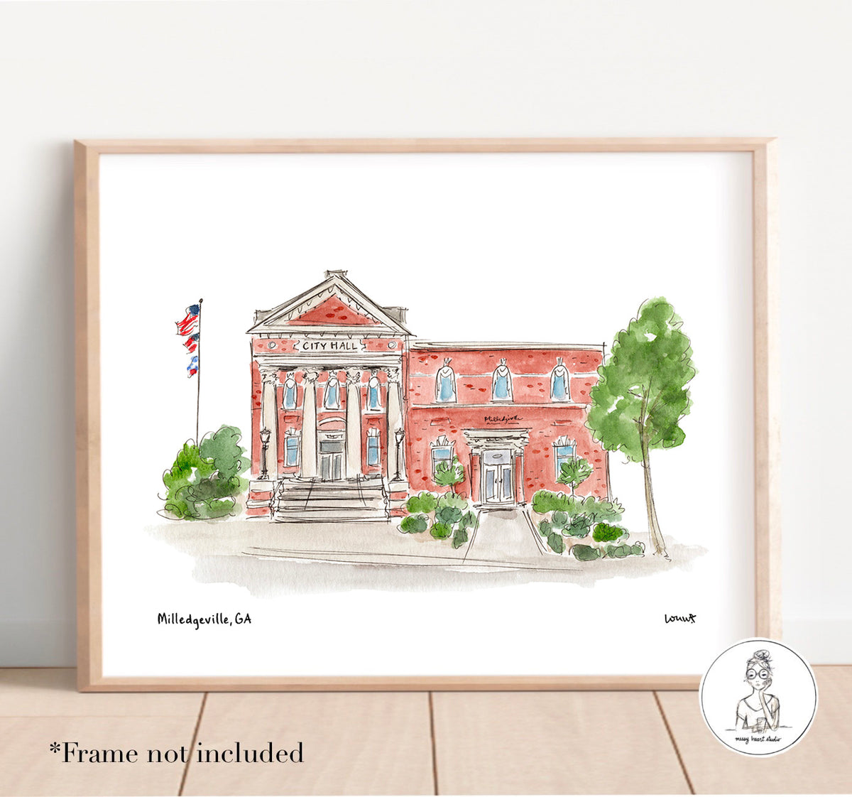Milledgeville, GA - City Hall. Watercolor and Ink Print