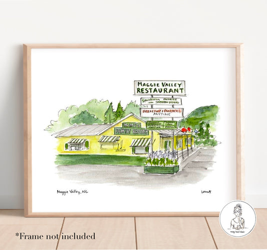 Maggie Valley, NC - Maggie Valley Restaurant. Watercolor and Ink Print