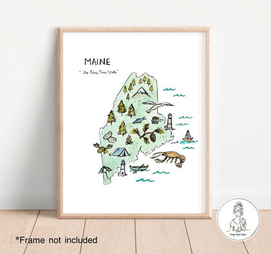 Maine State Map. Watercolor and Ink Print