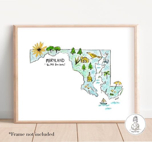 Maryland State Map. Watercolor and Ink Print