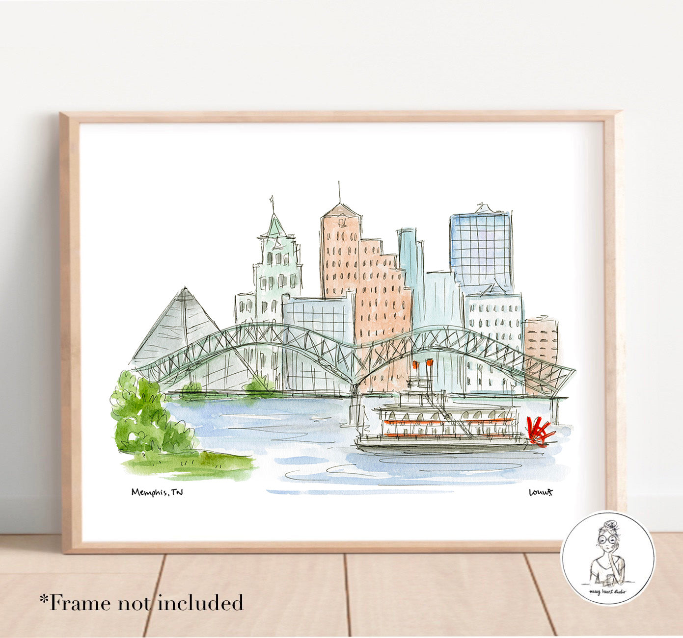 Memphis, TN - Skyline. Watercolor and ink Print