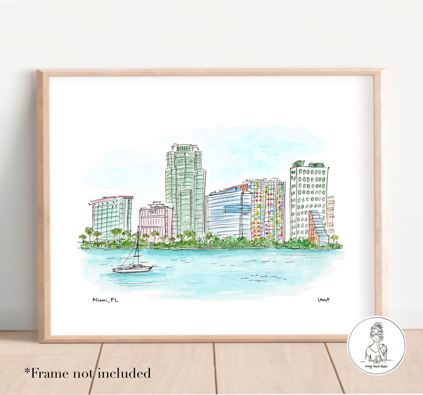 Miami, FL - Skyline. Watercolor and Ink Print
