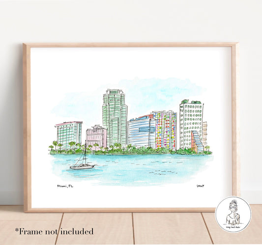 Miami, FL - Skyline. Watercolor and Ink Print