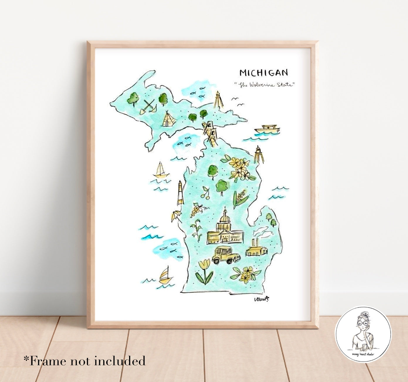 Michigan State Map. Watercolor and Ink Print