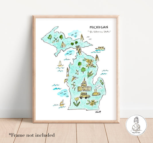 Michigan State Map. Watercolor and Ink Print