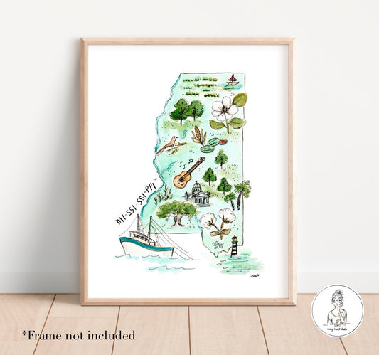 Mississippi State Map. Watercolor and Ink Print