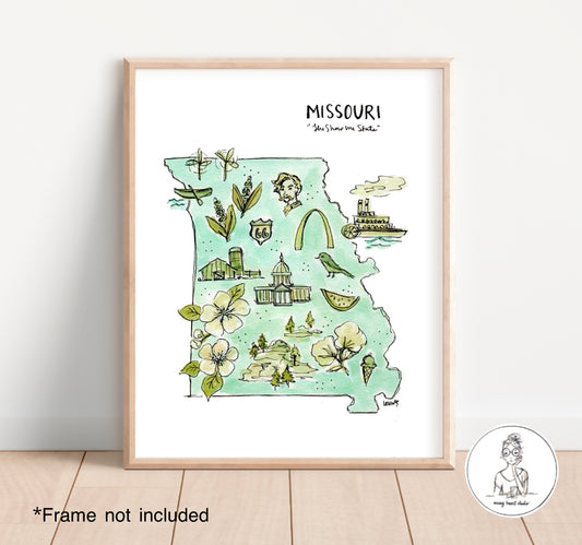 Missouri State Map. Watercolor and Ink Print