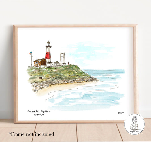 Montauk, NY - Montauk Point Lighthouse. Watercolor and Ink Print