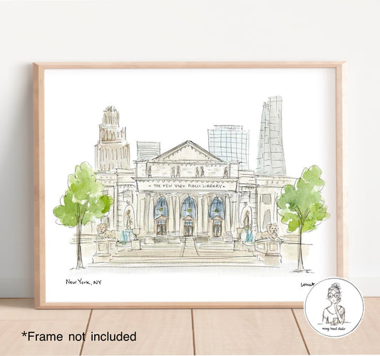 New York, NY - Public Library. Watercolor and Ink Print