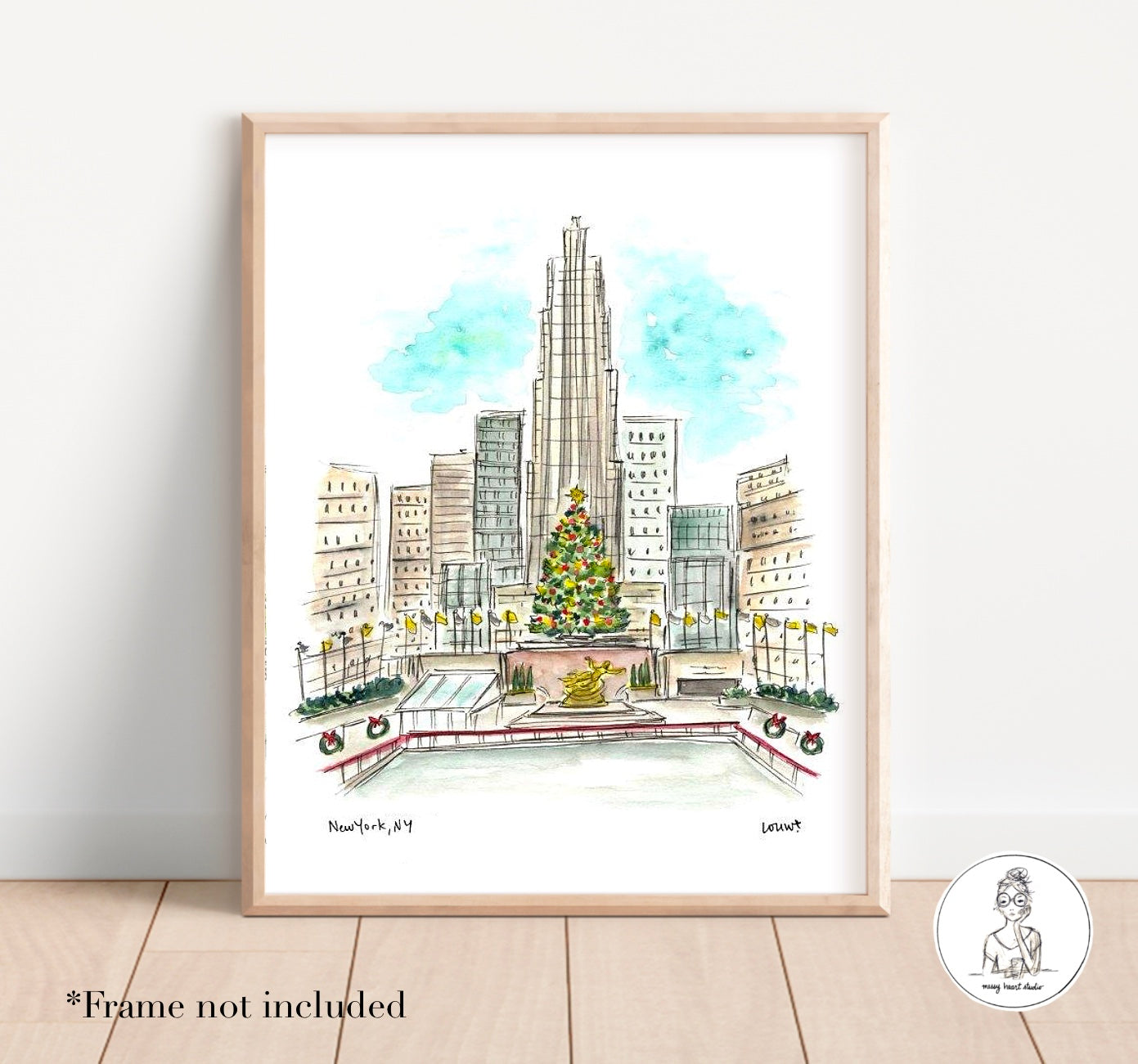 New York, NY - Rockefeller Center Christmas. Watercolor and Ink Print