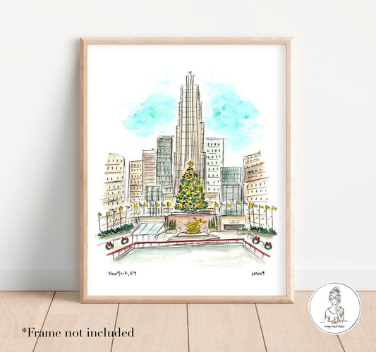 New York, NY - Rockefeller Center Christmas. Watercolor and Ink Print