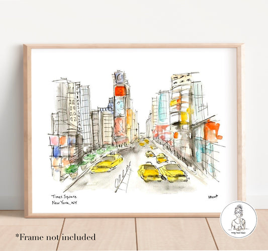 New York, NY - Times Square. Watercolor and Ink Print