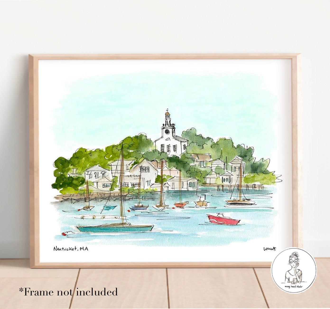 Nantucket, MA - Harbor. Watercolor and Ink Print