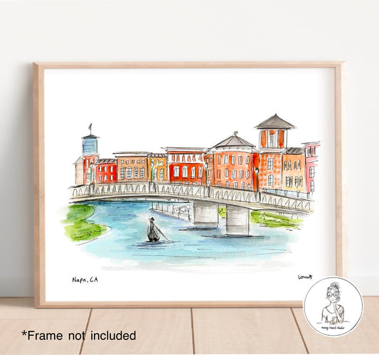 Napa, CA - Downtown, Napa River with Gondola. Watercolor and Ink Print