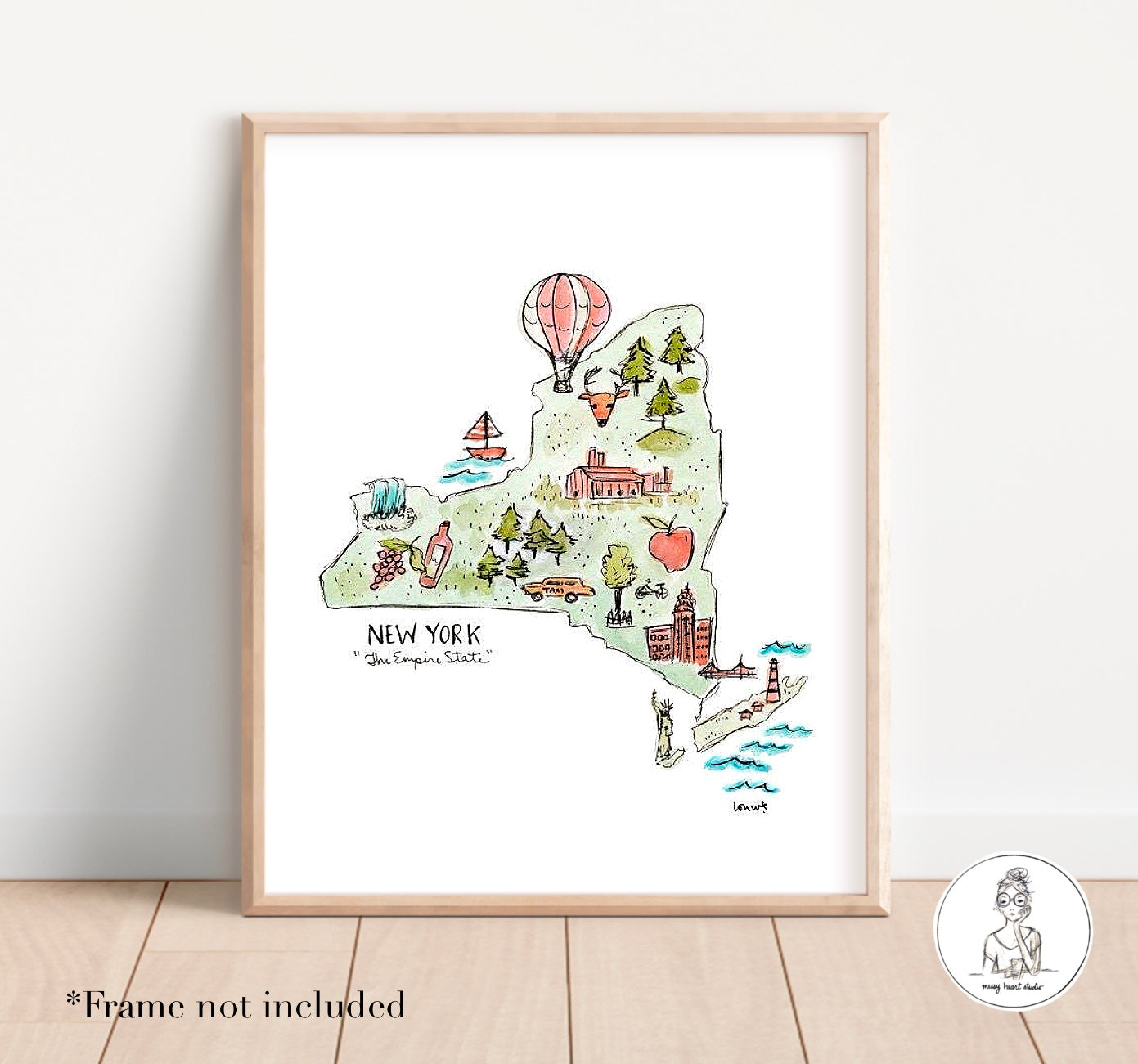 New York State Map. Watercolor and Ink Print