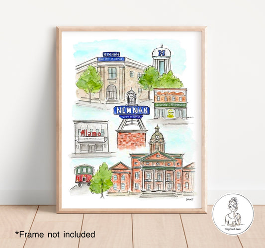 Newnan, GA - Landmark Collage. Watercolor and Ink Print