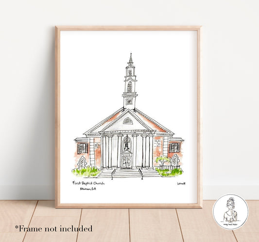 Newnan, GA - First Baptist Church. Watercolor and Ink Print