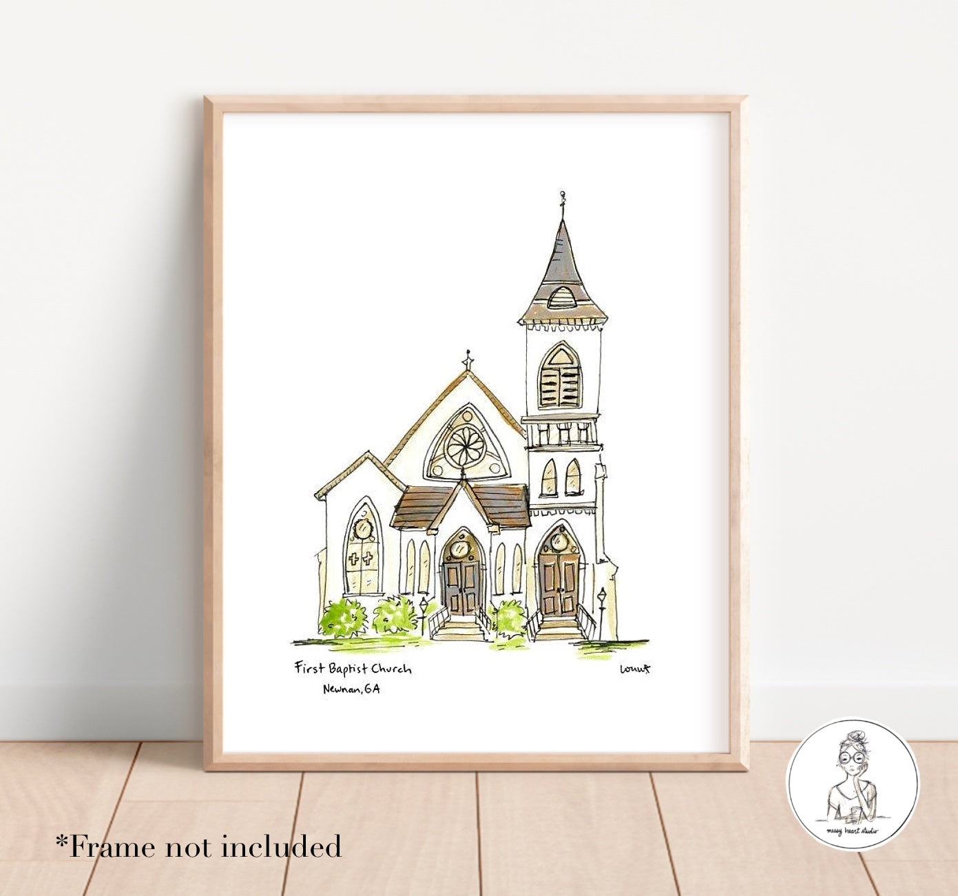 Newnan, GA - First Baptist Church. Watercolor and Ink Printt