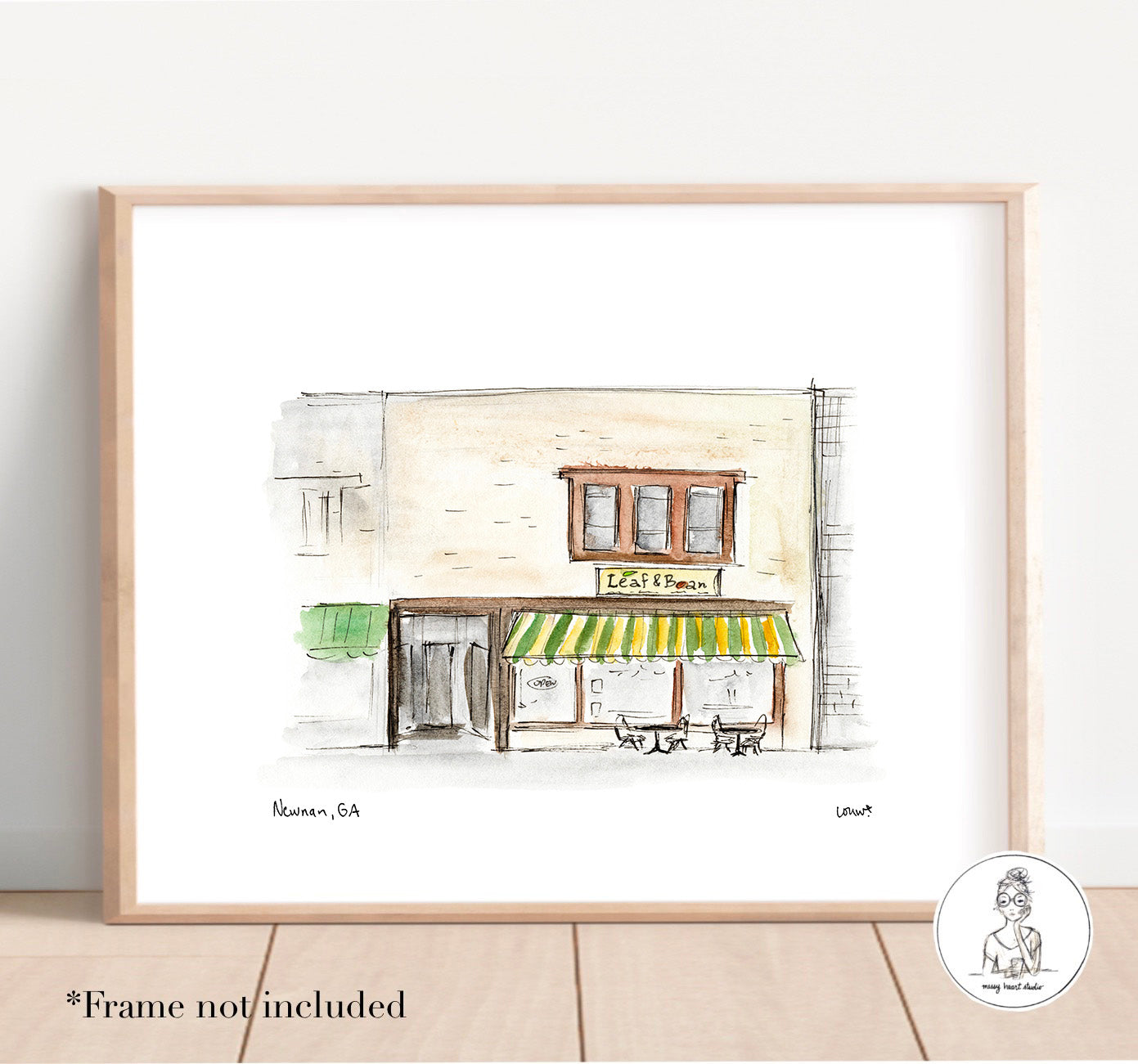 Newnan, GA - Leaf & Bean. Watercolor and Ink Print