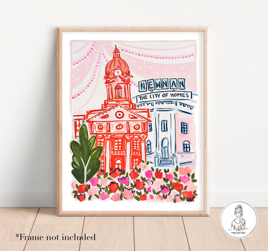 Newnan, GA - Courthouse Pink Tones with Flowers. Watercolor and Ink Print