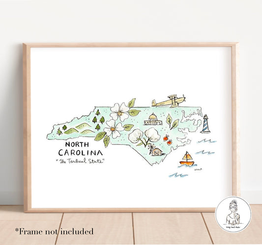 North Carolina State Map. Watercolor and Ink Print