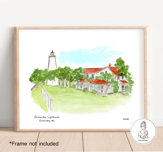Ocracoke, NC - Ocracoke Lighthouse. Watercolor and Ink Print