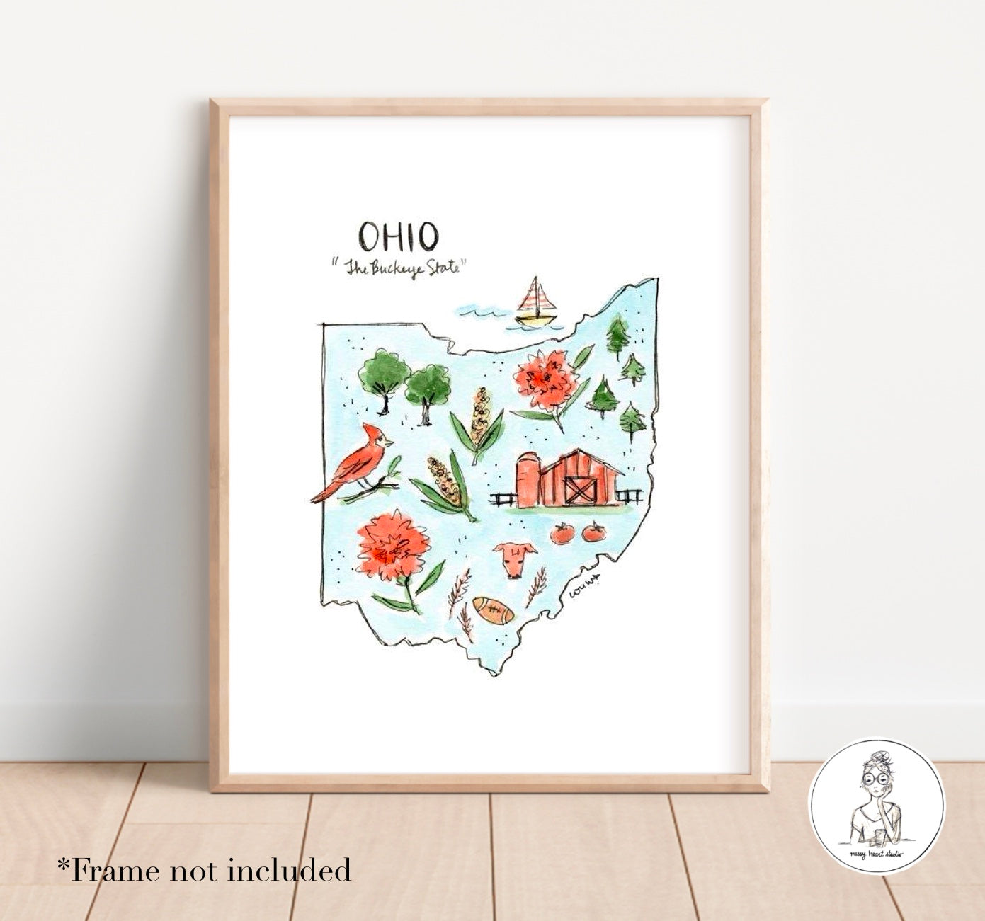 Ohio State Map. Watercolor and Ink Print