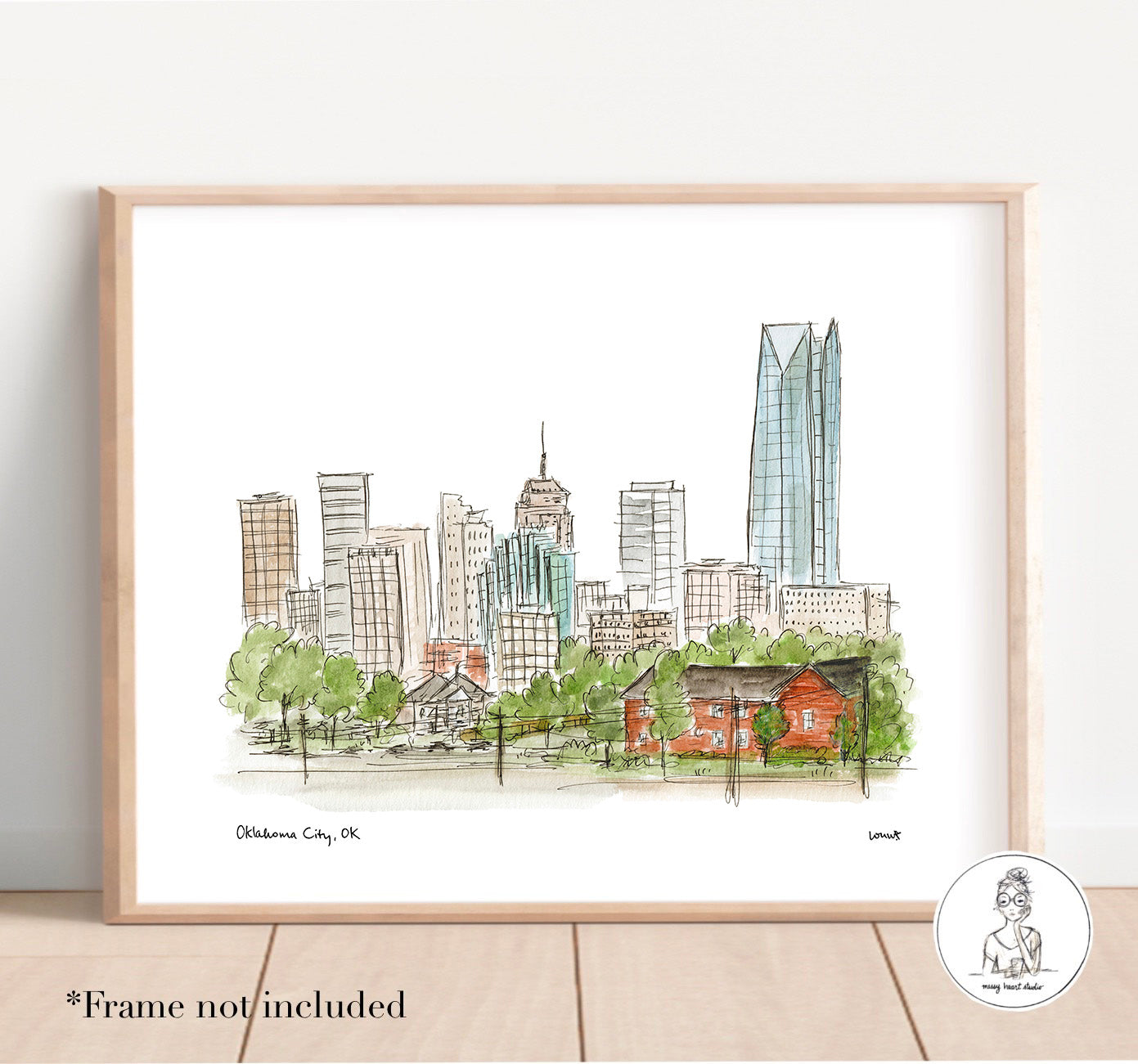 Oklahoma City, OK - Skyline. Watercolor and Ink Print