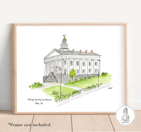 Paoli, IN - Orange County Courthouse. Watercolor and Ink Print