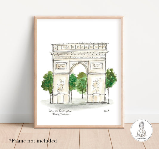 Paris, France - Arc de Triomphe. Watercolor and Ink Print