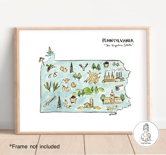 Pennsylvania State Map. Watercolor and Ink Print