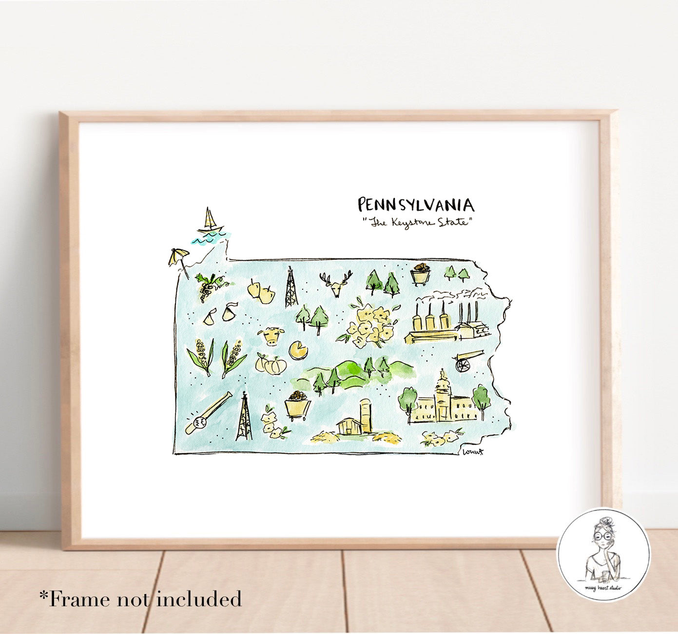 Pennsylvania State Map. Watercolor and Ink Print