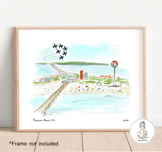Pensacola Beach, FL. Watercolor and Ink Print