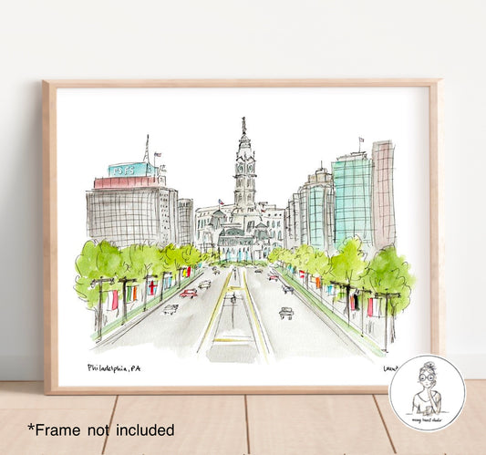 Philadelphia, PA - City Hall & Benjamin Franklin Parkway. Watercolor & Ink Print